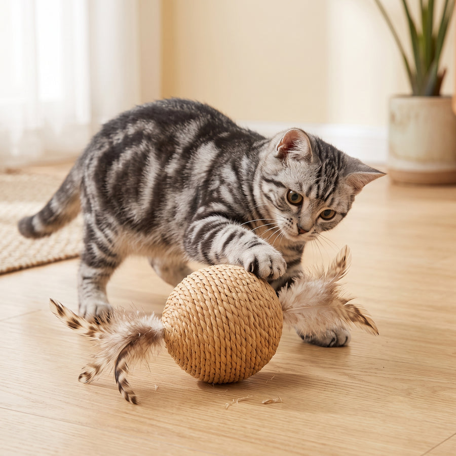 Natural Sisal Ball with Feather Cat Toy